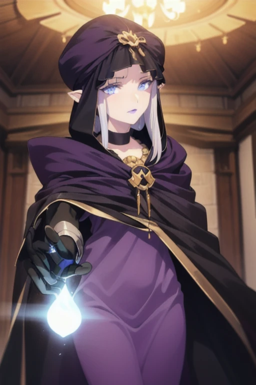 (masterpiece, sidelighting, finely detailed beautiful eyes: 1.2), glowing eyes, shiny hair, MedeaRobe, cloak, gloves, MedeaCas, blue eyes, purple lips, pointy ears, choker, hood, jewelry, magic, ring, robe, solo, room,