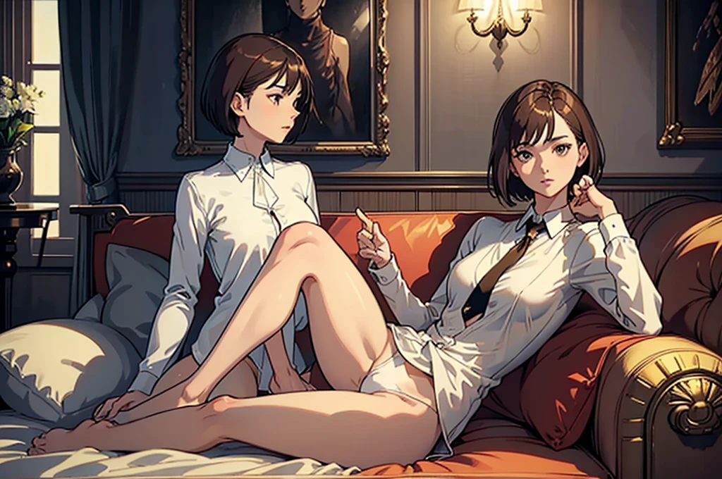 masterpiece,(Perfect Anatomy:1.5), highest quality, (a lady:1.5), slender, leggy, Seductive, short hair, brown hair, (wear a white long sleeved shirt:1.5), white bikini panties , Perfect hands, Perfect body, reclining, lying on a sofa, throw her legs over the sofa, leg up , shirt lift, (barefoot), looking away, ((Exquisite detail)), Very finely crafted fingers(((10 fingers))), (((two legs))), (full body showcase), (Show your whole body), (no background), (No logo) , high resolution, see her private part , telephoto lens, parted lips, tie