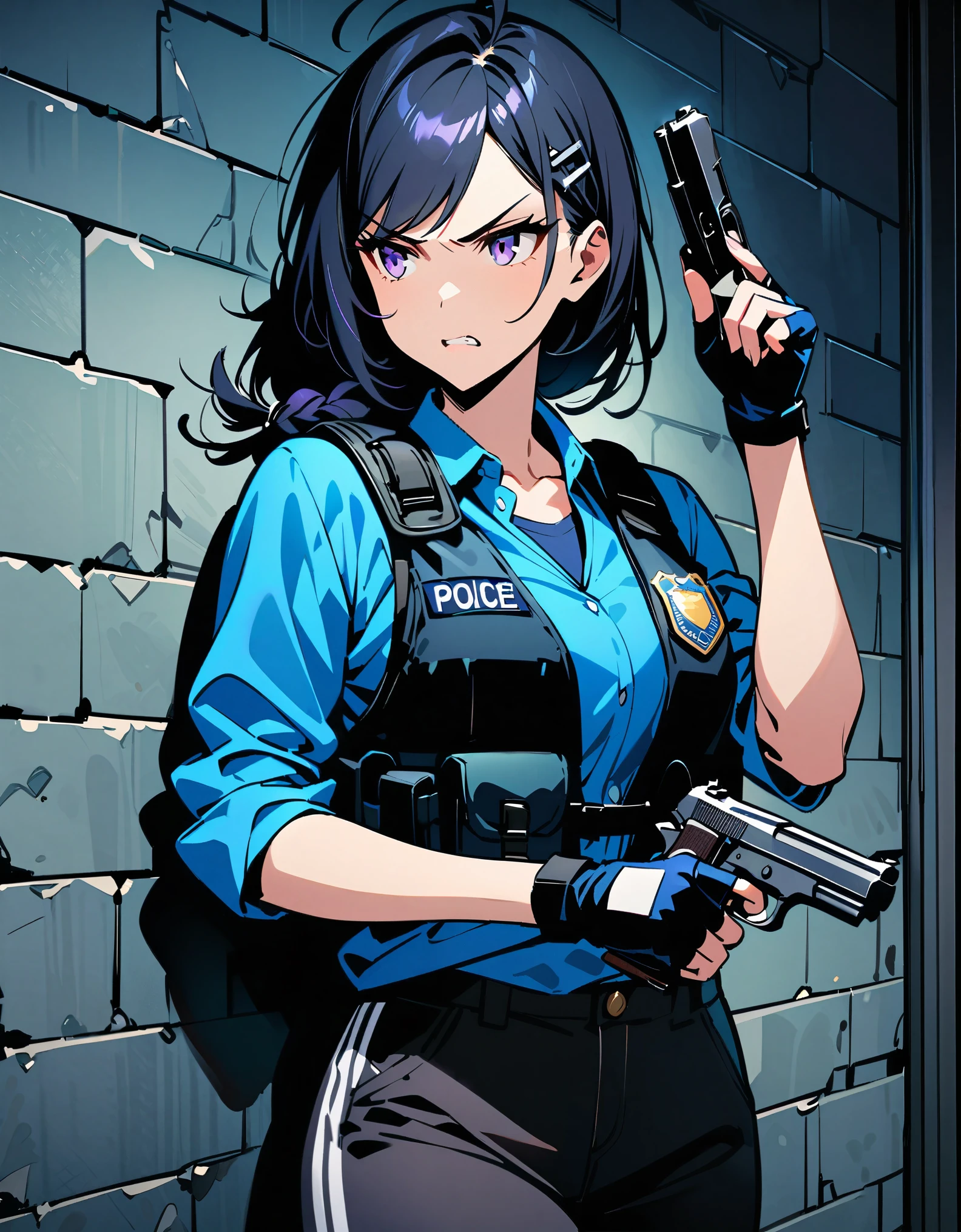 (masterpiece), (best quality), (high res), highly detailed, professional, 1girl, solo, solo focus, undercover police officer, serious, v-shaped eyebrows, perfect hands, complete fingers, blue varsity jacket, blue t-shirt, black tight pants, white socks, matching sneakers, fingerless gloves, assault vest, Hairpin, police ID badge hanging on neck, sleeves rolled up, holding pistol, Beretta 92, leaning at wall, serious and stoic, looking away, brick wall, searchlights, Brooklyn, New York, midnight, Cowboy Shot, Black Hair, Braid, Ahoge, Parted Bangs, Single Braid, Swept Bangs, Purple Eyes, Clenched Teeth, intense atmosphere.