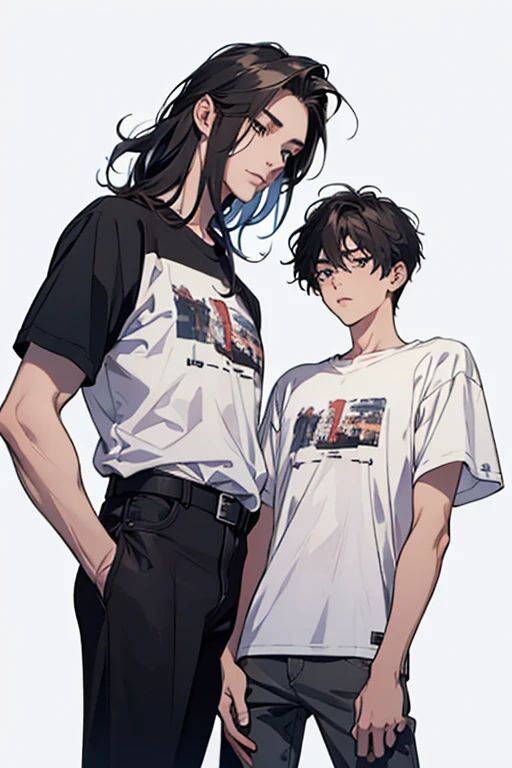 2 Young Men, 16〜20yr old, detailed hairs, 4K, High resolution, Handsome, t-shirts, medium length hair, from below, model posing, cowboy shot, white background,