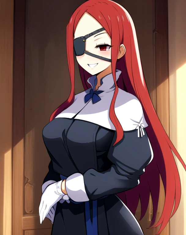 Marietta, right eyepatch, long red hair, grin, red eyes,
blue roped belt,long sleeves,black dress, castle, indoors,
(insanely detailed, beautiful detailed face, white gloves, masterpiece, beautiful detailed eyes, best quality) room, posing,