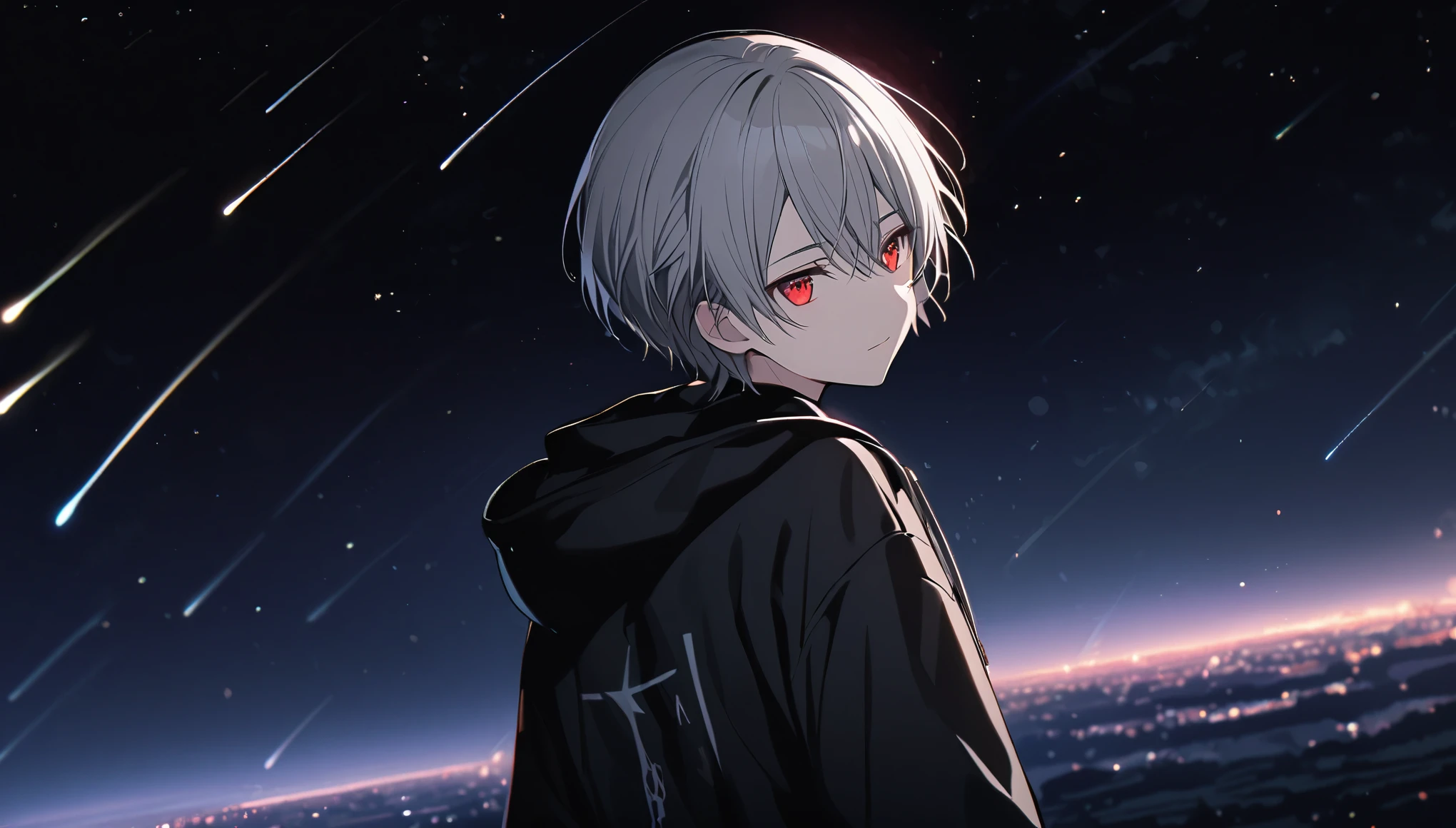 good looking, alone, 1 male, Gray Hair, Red eyes, Black Shirt, Black and white hooded, night, Black light,Cute eyes,Short hairstyle,A cute boy,Falling from the sky,綺麗なnight空,Many Stars,shooting star