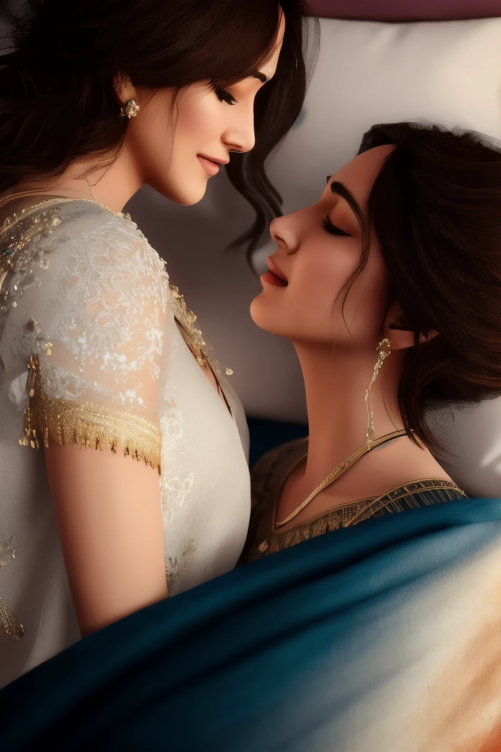 a women kiara lesbian kissing on bed indoors, (soothing tones:1.25), (hdr:1.25), (artstation:1.2), dramatic, (intricate details:1.14), (hyperrealistic 3d render:1.16), (filmic:0.55), (rutkowski:1.1), (faded:1.3)