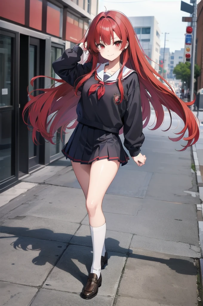 anime style girl, with shiny hair (Red hair, school uniform) and seductive pose, Red eyes, and tender smile.