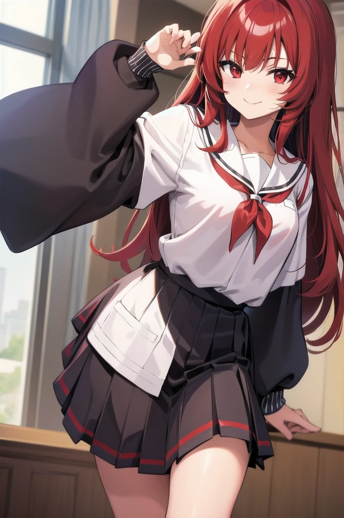 anime style girl, with shiny hair (Red hair, school uniform) and seductive pose, Red eyes, and tender smile.