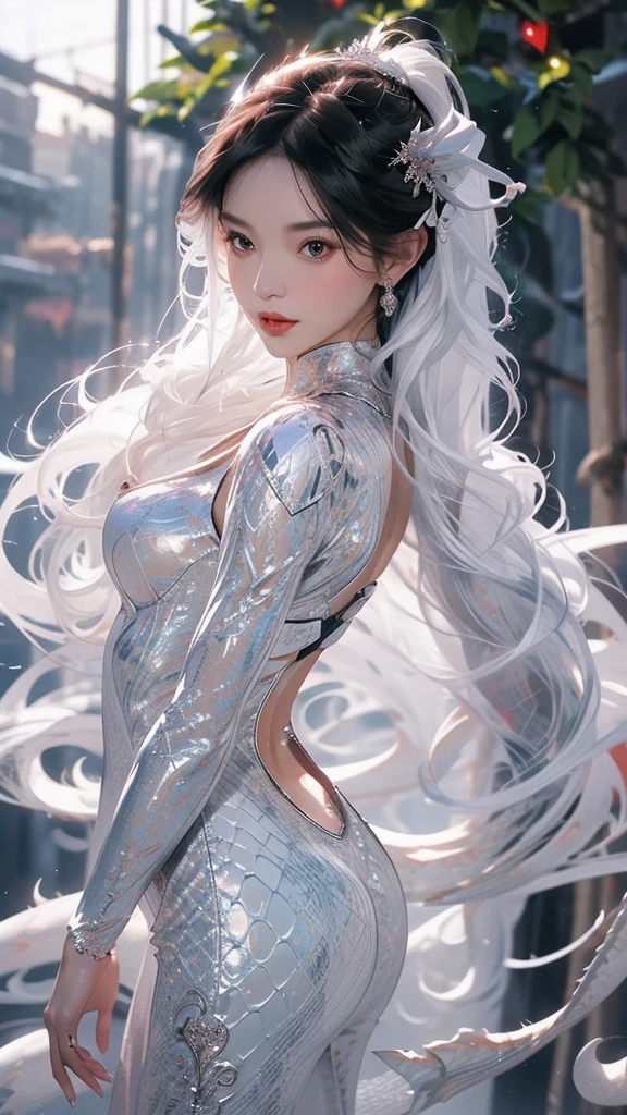 fair, elegant, Mild, oriental adult (woman), long flowing hair(White), face shape (Cold) ,Sexy (Little mouth), Dragon Horn (White), E cup, Dragon scale armor ( White),