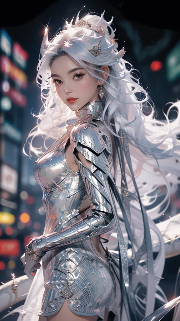 fair, elegant, Mild, oriental adult (woman), long flowing hair(White), face shape (Cold) ,Sexy (Little mouth), Dragon Horn (White), E cup, Dragon scale armor ( White), 