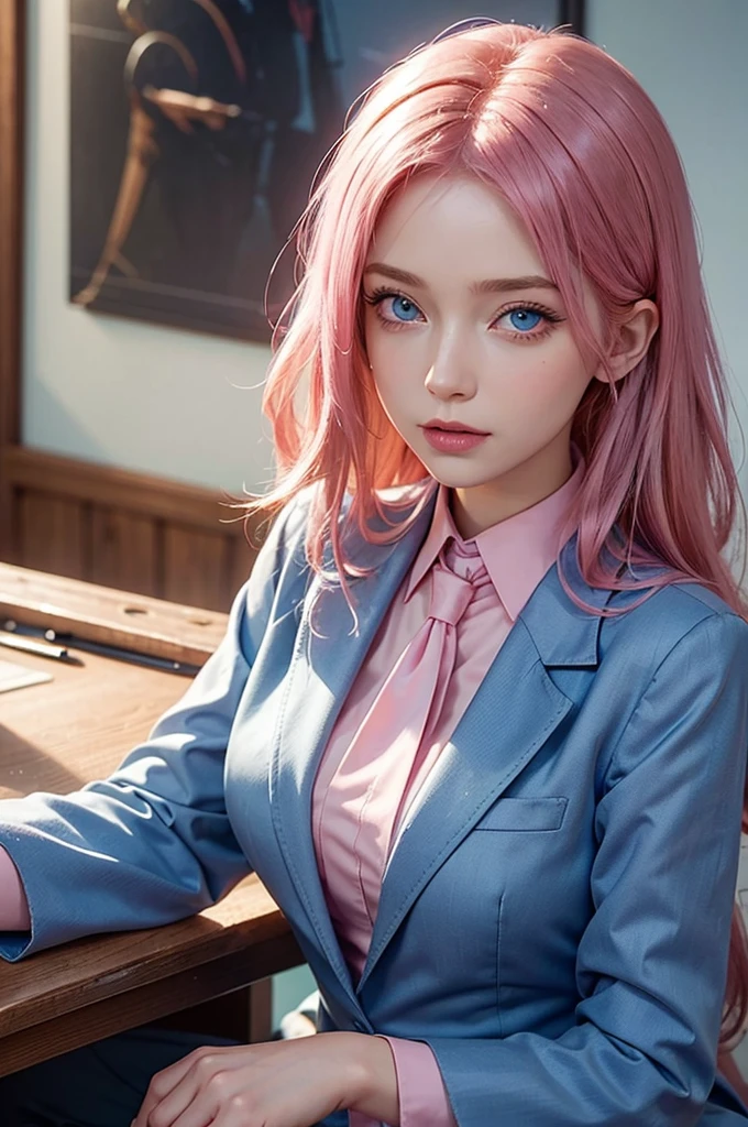 A beautiful young woman with vibrant pink hair and striking blue eyes, 1girl, highly detailed face, beautiful detailed eyes, beautiful detailed lips, extremely detailed eyes and face, long eyelashes, cute style, Disney Pixar character, Anna, pink hair, blue eyes, dressed in a suit and tie (or a professional dress suit for a female character), whimsical, colorful, soft lighting, cinematic, photorealistic, 8K, highest quality. sitting at a desk in a modern office.