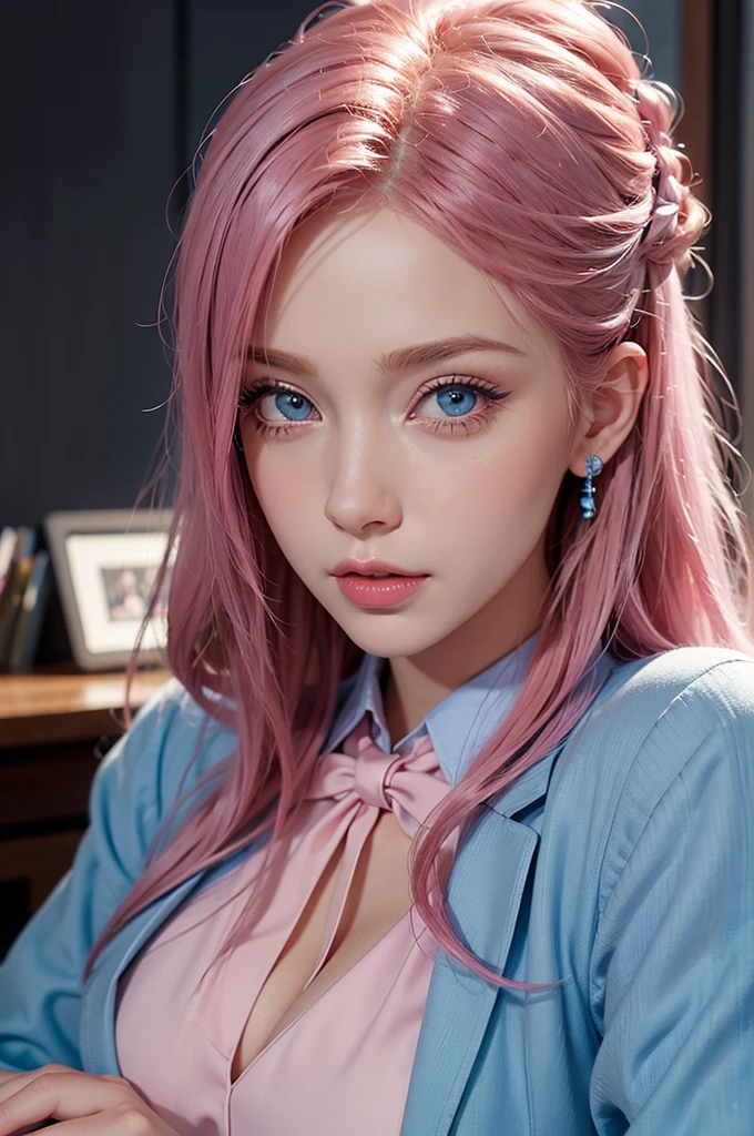 A beautiful young woman with vibrant pink hair and striking blue eyes, 1girl, highly detailed face, beautiful detailed eyes, beautiful detailed lips, extremely detailed eyes and face, long eyelashes, cute style, Disney Pixar character, Anna, pink hair, blue eyes, dressed in a suit and tie (or a professional dress suit for a female character), whimsical, colorful, soft lighting, cinematic, photorealistic, 8K, highest quality. sitting at a desk in a modern office.