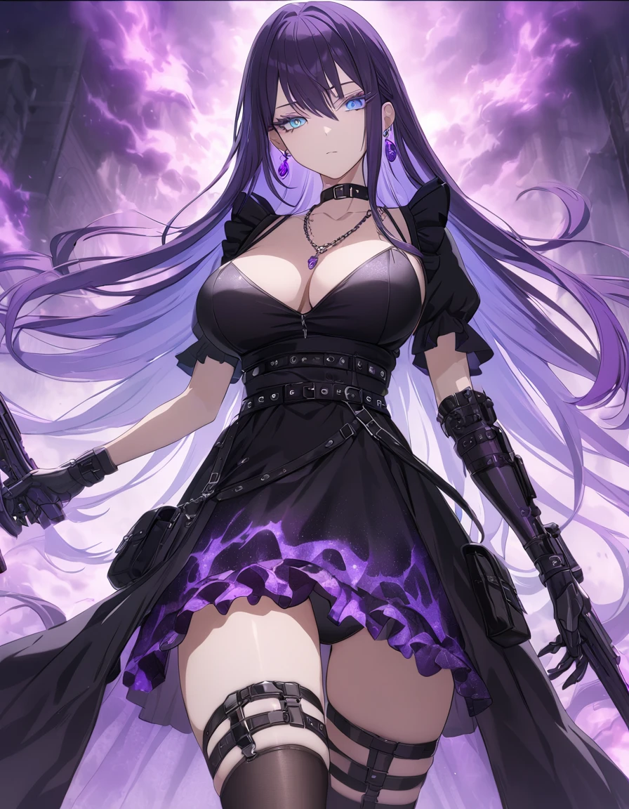 iridescent blue eyes, long black and purple hair, earrings, necklace, gothic style, webbed belt, tactical, pouches, black maid outfit, black apron, weapon Holster, webbed belt, tactical, pouches, frilly skirt, metal gloves, black thigh highs, Long eyelashes, eye shadow, first rate breasts large breasts, ominous vibe, expressionless, stoic, glowing white mist, purple fire, shadowy, Ultra quality, UHD, high detail, anime aesthetic, Anime screenshot, Ultra quality, UHD, high detail