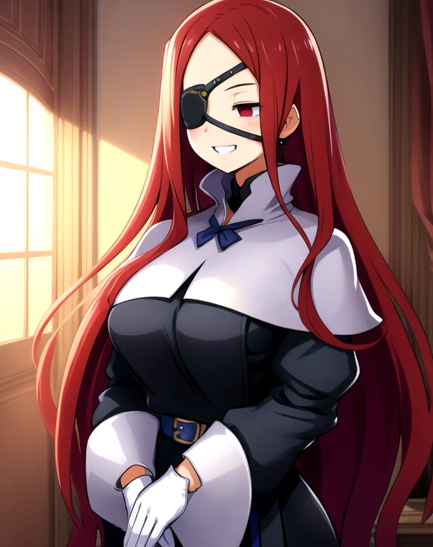 Marietta, right eyepatch, long red hair, grin, red eyes, 
blue roped belt,long sleeves,black dress, castle, indoors,  
 (insanely detailed, beautiful detailed face, white gloves, masterpiece, beautiful detailed eyes, best quality) room, posing, cape
 