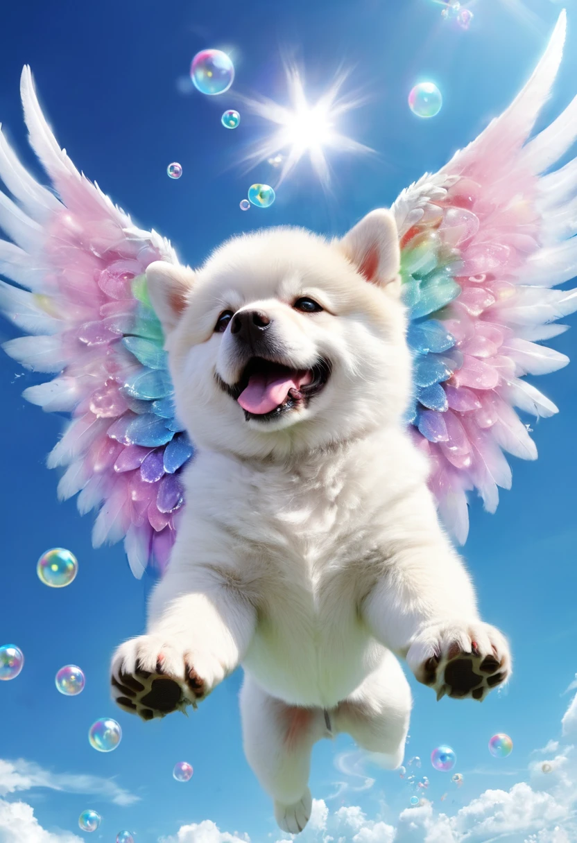 Two red and white Shiba Inu dogs　The background is blue sky　Large and small soap bubbles　Rainbow angel wings　Low - Angle　