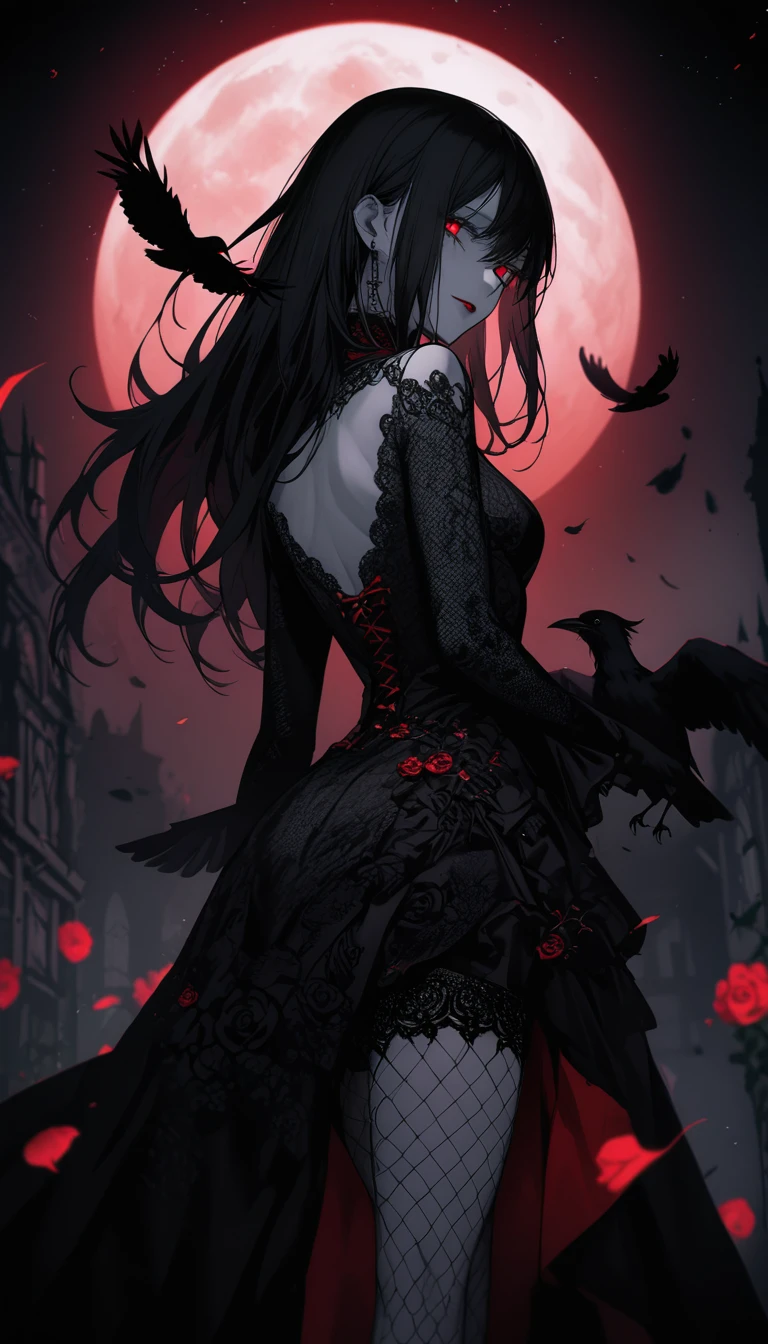 (Dark and scary atmosphere,Gothic Fashion,Dark colors),(Highest quality,Super exquisite item),Very sexy vampire girl,In a rose garden in full bloom on a red full moon night,Beautiful and delicate eyes,Beautiful black straight ponytail,Crow's feathers,Red lipstick,A mysterious and seductive smile,Pale skin,Fishnet tights,Monochrome lace dress,Captivating pose,The moonlight illuminates her silhouette,shadows and highlights,Create a calm and lively atmosphere,Lighting effects to make her look beautiful,A fantastic background created by darkness and moonlight,She looks tall and grown up,A crow is flying,Crow's feathersが舞う,Woman Falling Headfirst