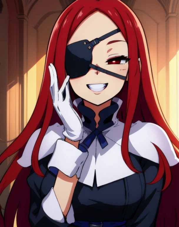 Marietta, right eyepatch, long red hair, grin, red eyes,
blue roped belt,long sleeves,black dress, castle, indoors,
(insanely detailed, beautiful detailed face, white gloves, masterpiece, beautiful detailed eyes, best quality) room, posing, cape