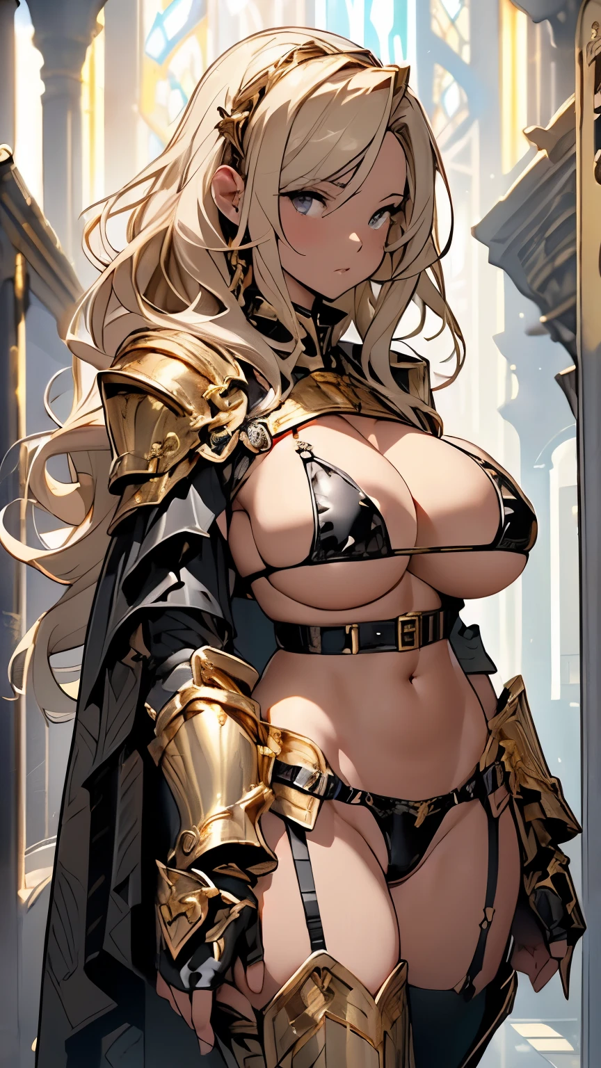 Hands on hips、Facing forward、looking at the camera、Blonde Wavy Hair、female knight、((Black metallic micro bikini:1.5)、(Gold Belt)、(Black knee-high socks、Black garter belt)、(Gold Armor:1.5)、(Gold boots:1.5)、Black Cape)、((Huge breasts:1.5)、Cleavage、(Underboob:1.5)、(Sideboob:1.5)、(glamorous、curve)、Belly button、Large glowing crotch tattoo、Camel toe、Absolute area、Wide Hips、Thick thighs、Revealing outfit、(NSFW))、(whole body:1.5)、Photographed from the front、Church stained glass、
