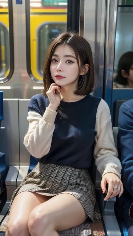 masterpiece, High resolution, Ultra High resolution, 4K, Black Hair, Japanese Girls, Uniform skirt, Accentuate your thighs, White thighs, Soft thighs, Shiny thighs, Sitting on a train, Facing angle, Angle from below, Sitting on a train Seat, Sit in front, Zoom camera to hip joint, Put your feet on the train floor, whole body, Looking down and sleepy, Watch only viewers, Highest quality, Ultra High resolution, Realistic, High resolution, detailed, RAW Photos, sharp, Nikon Film Pictures, Images and Stock Photos, Rich lens color, Ultra-realistic and realistic texture, Dramatic lighting, Unreal Engine,