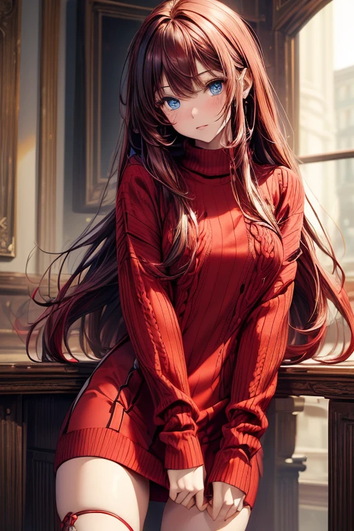 ((Top Quality)), ((Masterpiece)), (Details), 1 girl, sexy, red long hair, blue eyes, beautiful girl, (((Red long sweater with simple vertical lines, red long sweater with fabric that goes above the knee#.))) Beautiful girl wearing a (((Red long sweater with simple vertical lines, red long sweater with fabric that goes above the knee#.))) Red long vertical sweater with simple vertical lines, red long sweater with fabric that goes above the knee#.))), red long sweater with simple vertical lines, red long sweater with fabric that goes above the knee#.)), red long sweater including bottoms, (((laced up cy high boots))), absolute area, highlights in eyes, black waist belt wrapped diagonally around waist

