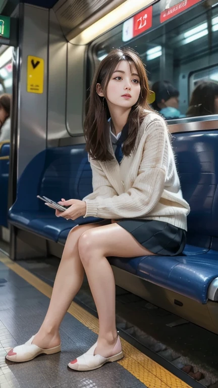 masterpiece, High resolution, Ultra High resolution, 4K, Black Hair, Japanese Girls, Uniform skirt, Accentuate your thighs, White thighs, Soft thighs, Shiny thighs, Sitting on a train, Facing angle, Angle from below, Sitting on a train Seat, Sit in front, Zoom camera to hip joint, Put your feet on the train floor, whole body, Looking down and sleepy, Watch only viewers, Highest quality, Ultra High resolution, Realistic, High resolution, detailed, RAW Photos, sharp, Nikon Film Pictures, Images and Stock Photos, Rich lens color, Ultra-realistic and realistic texture, Dramatic lighting, Unreal Engine,