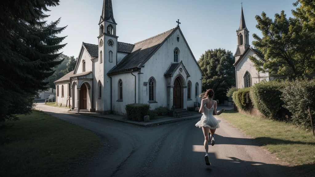 A white werewolf, red-eyed,          
 de corpo todo, running after a woman, the woman runs towards the church, a small and simple church with open doors, during daytime, haze, ultra detaild, ultra realisitic