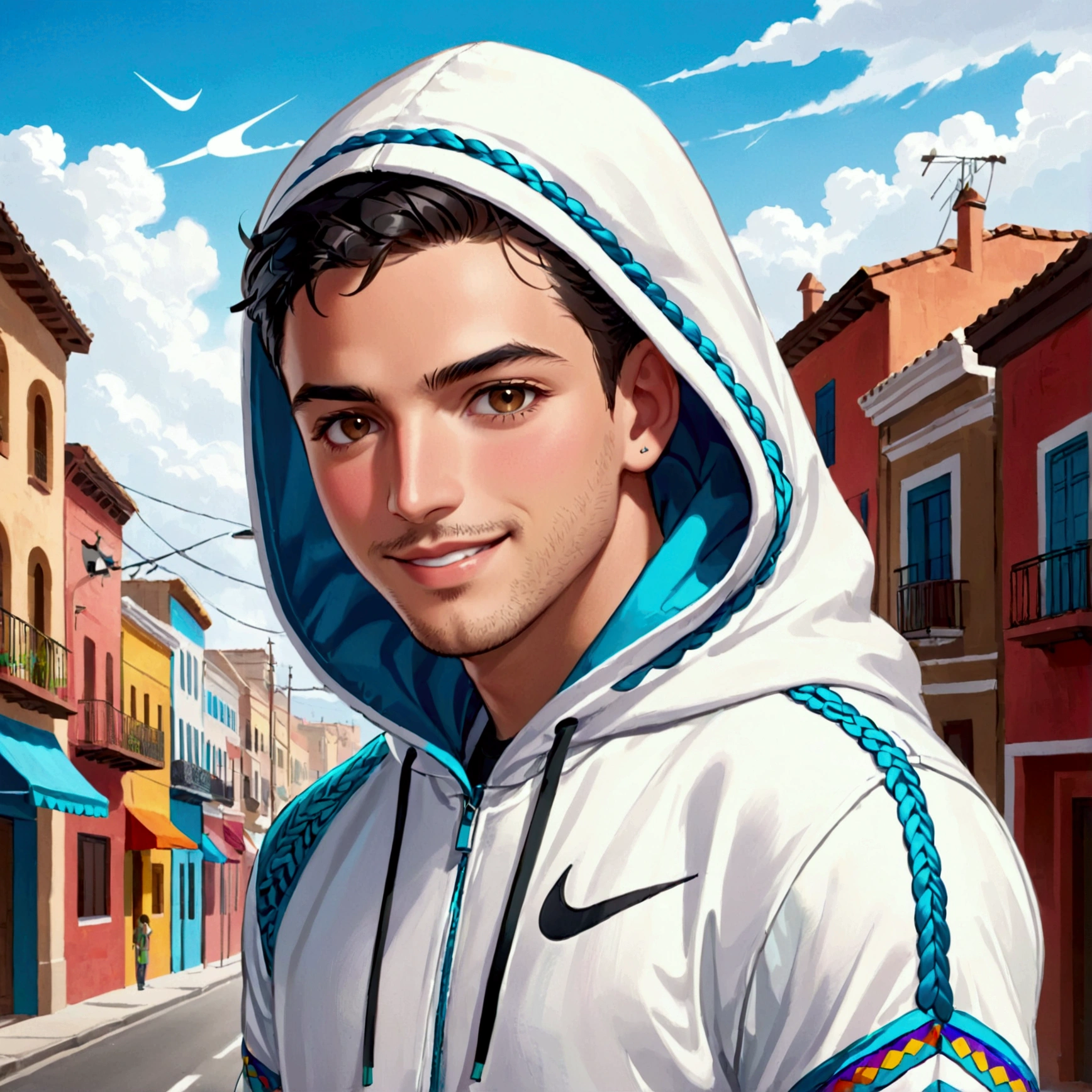 Happy white Hispanic male with hood on and braids wearing nike