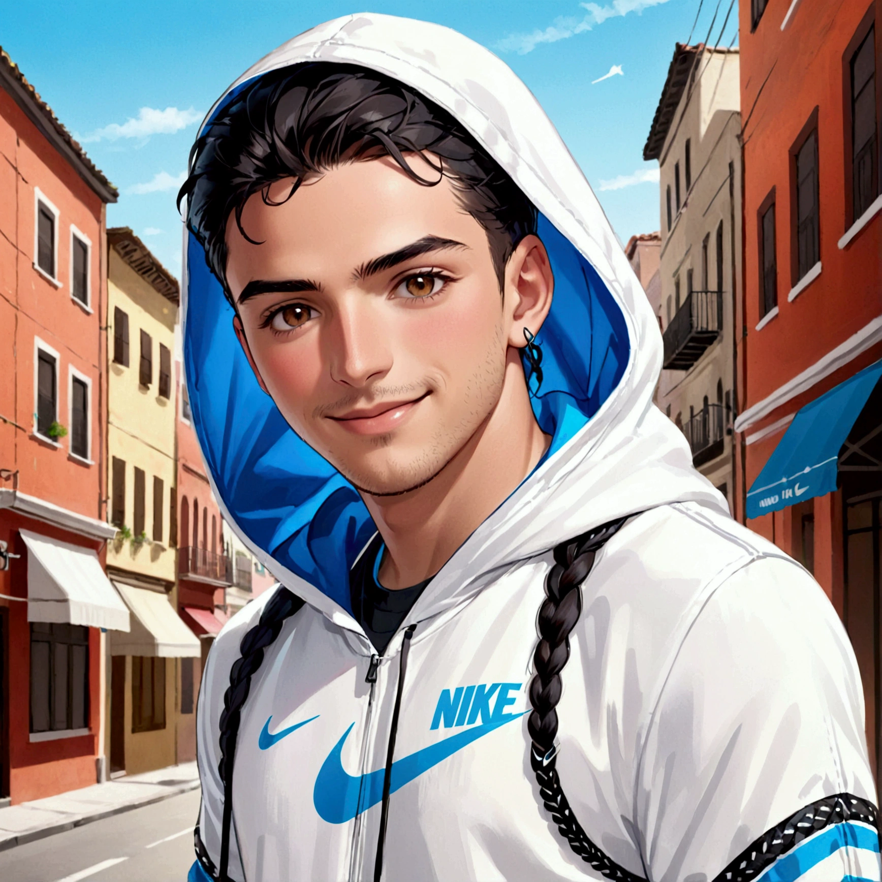 Happy white Hispanic male with hood on and braids wearing nike