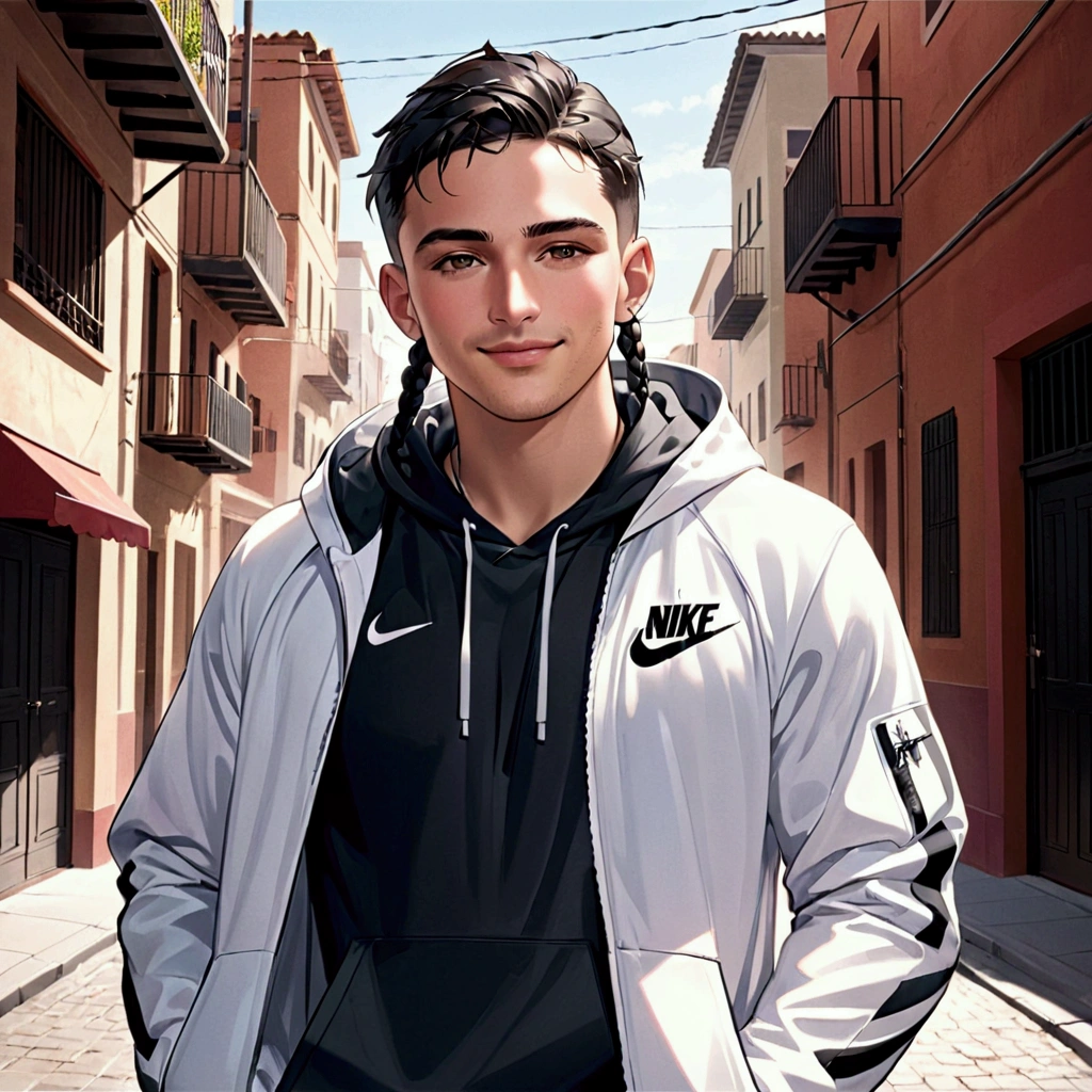 Happy white Hispanic male with hood on and braids wearing nike