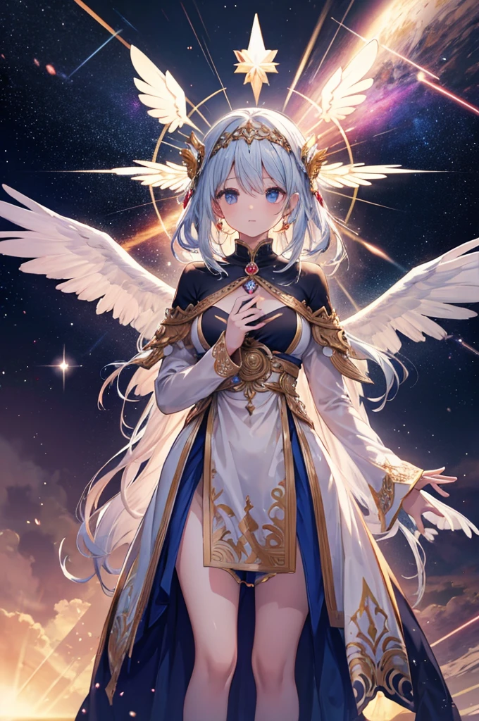goddess in the sky, divine light, fantasy, standing, adult, Mysterious, space
