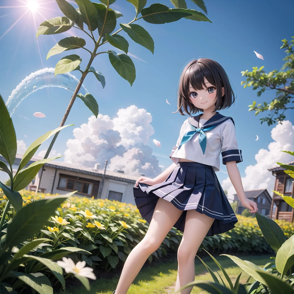 (masterpiece),  town,  blue sky,  One Girl,  smile,  alone,  Sailor suit、Below the knee skirt,  Overgrown,  petal,  plant、Skirt lining、Translucent slip