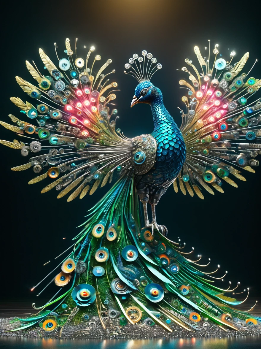 (3D，mechanical感，cute，ais-scrapyrd peacock，mechanical)，Colorful neon lights，高科技mechanical部件，Metal body，Detailed Vibranium Flower Design，Vibrant colors，Dynamic glowing flowers，Reflective metal surface，Bright environment，Dynamic poses，Exquisite existence，Skills Improvement，互锁mechanical齿轮，Stylish design，motion blur effect，Detailed metal treatment，Sci-fi atmosphere，Streamlined aerodynamic shape，Laser scanning pattern，Holographic projection，LED light track，Beautiful and unforgettable，Advanced sensors，Complex algorithms，Ominous and mysterious atmosphere，Electric Spark，Shiny chrome，Propulsion systems of the future，(Best quality，8k，high resolution，masterpiece:1.2)，Super detailed，(whole body:1.8)​