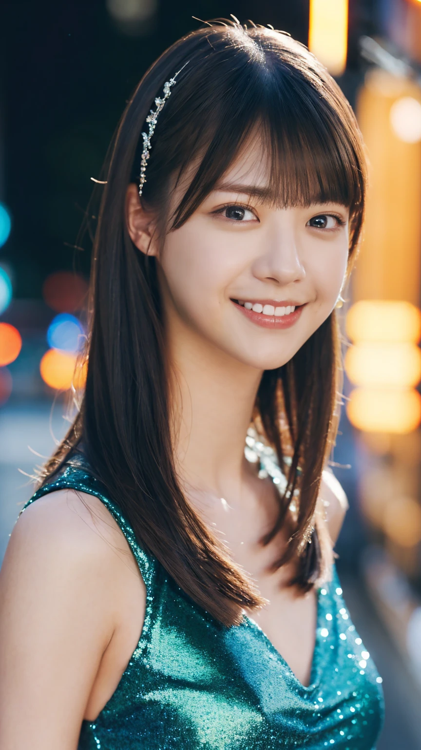 1girl,(wearing a blue glittery evening dress:1.2),(RAW photo, best quality), (realistic, photo-realistic:1.4), masterpiece, an extremely delicate and beautiful, extremely detailed, 2k wallpaper, Amazing, finely detail, extremely detailed CG unity 8k wallpaper, ultra-detailed, highres, soft light, beautiful detailed girl, extremely detailed eyes and face, beautiful detailed nose, beautiful detailed eyes,cinematic lighting,city lights at night,perfect anatomy,slender body,light smile,close up,(long hair with bangs), tight breast