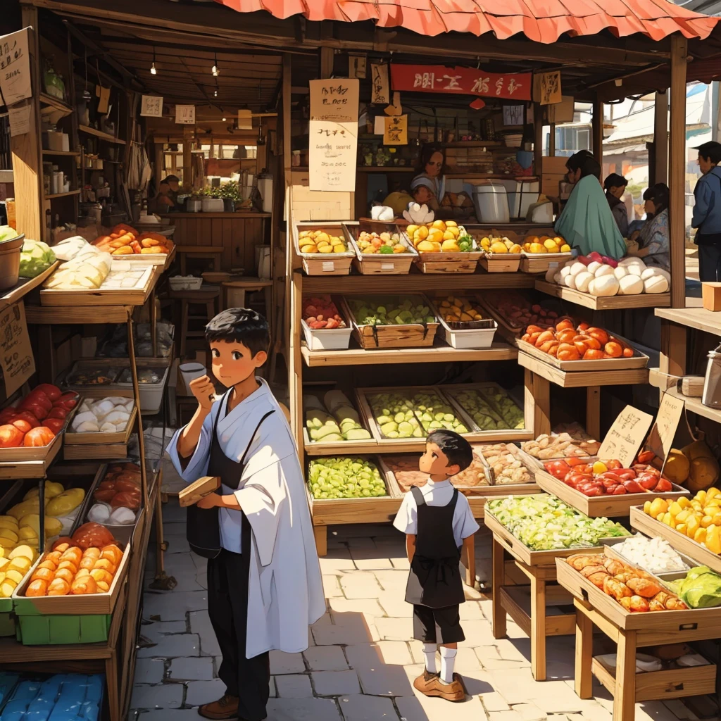 A bustling village market with colorful stalls and people milling about. Young boy stands proudly behind a stall displaying his handcrafted furniture—chairs, tables, and small wooden items. His appearance is consistent: short black hair, rugged clothes with a leather apron. His face is bright with hope as he interacts with a potential customer. The atmosphere is lively and filled with a sense of budding success.