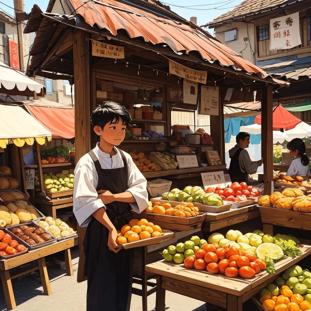 A bustling village market with colorful stalls and people milling about. Young boy stands proudly behind a stall displaying his handcrafted furniture—chairs, tables, and small wooden items. His appearance is consistent: short black hair, rugged clothes with a leather apron. His face is bright with hope as he interacts with a potential customer. The atmosphere is lively and filled with a sense of budding success.