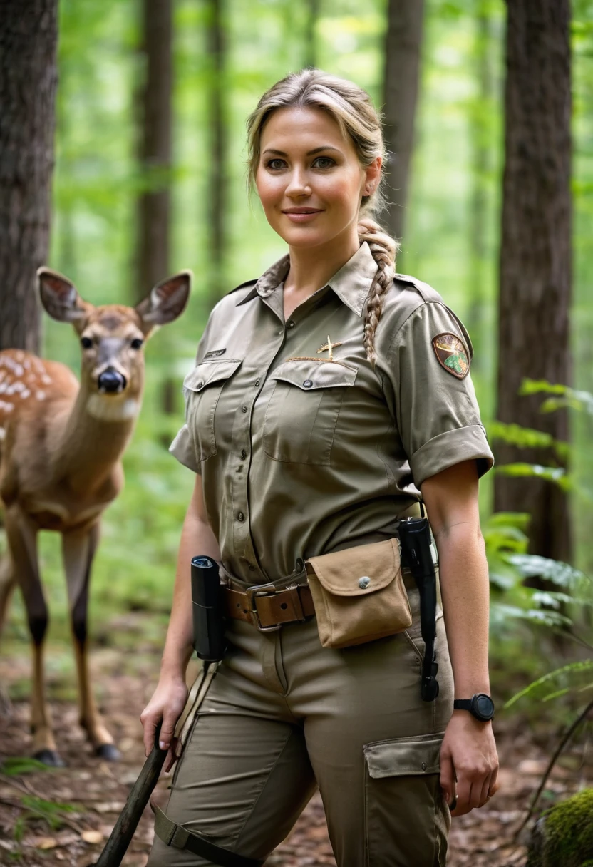 8K quality, ultra-high definition, beautiful mature woman, in the forest, she is an animal protection ranger, in the ranger uniform, with a hatchet on her belt, big breasts, khaki short-sleeved shirt open at the front, small radio on the shoulder of the shirt, beautiful eyes, long eyelashes, detailed drawing of the eyes, blonde hair braided and tied up, wearing outdoor boots, wrinkles stand out due to sunburn, in the dim forest, only her surroundings are illuminated by sunlight filtering through the trees, she is with a female deer, the female deer seems to be attached to her, her smile is lovely, the camera shoots her and the deer from a slightly low position, light particles dance around her and the deer, the forest in the background is slightly blurred.