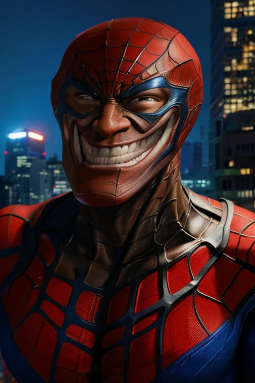 Closeup of a realistic spider-man in a detailed spiderman costume, extremely detailed face and body, muscular build, dynamic pose, web swinging in a city skyline, urban setting with tall buildings,cinematic lighting, dramatic shadows, vibrant colors, photorealistic,8k, ultra-detailed, cinematic, masterpiece, tr0ll face