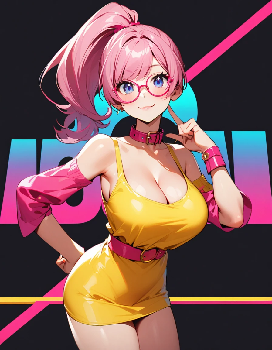 Neon-like vivid blue gradient to bright pink hair,Tied with a high ponytail,19 years old ,With round thick-rimmed glasses,Pink collar,red colour,In pink,Yellow with cream dress,A cute girl who looks fierce, cleavage, Big breasts:1.5, Big buttocks:1.6, Full body shot, Sexy pose