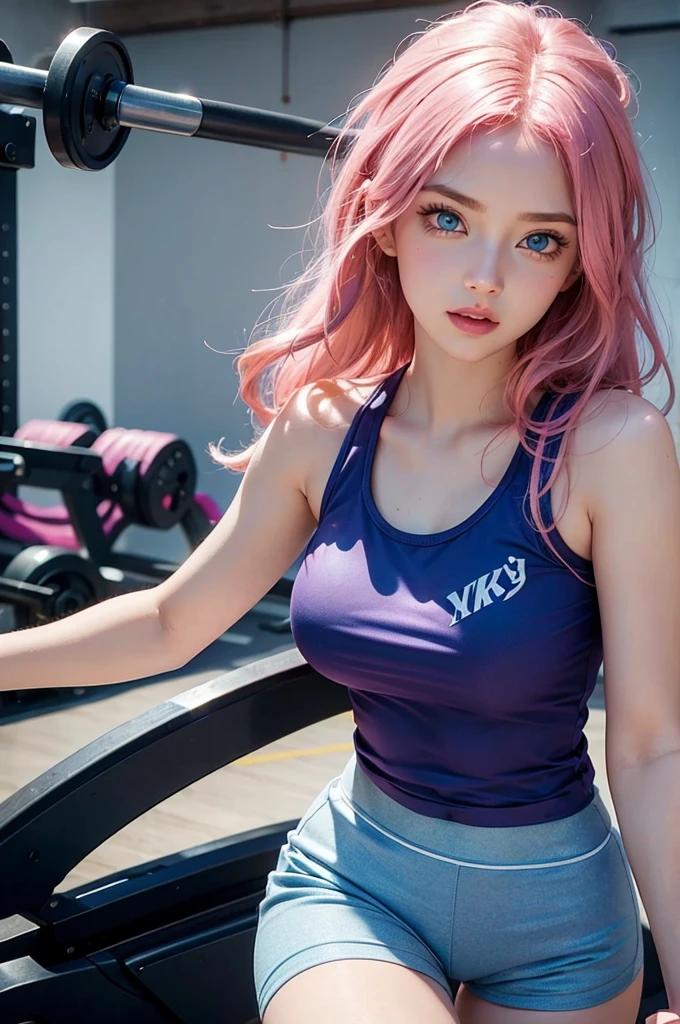 A beautiful young woman with vibrant pink hair and striking blue eyes, 1girl, highly detailed face, beautiful detailed eyes, beautiful detailed lips, extremely detailed eyes and face, long eyelashes, cute style, Disney Pixar character, Anna, pink hair, blue eyes, in gym clothes, such as athletic shorts and a tank top, lifting weights or running on a treadmill, whimsical, colorful, soft lighting, cinematic, photorealistic, 8K, highest quality. in a gym.