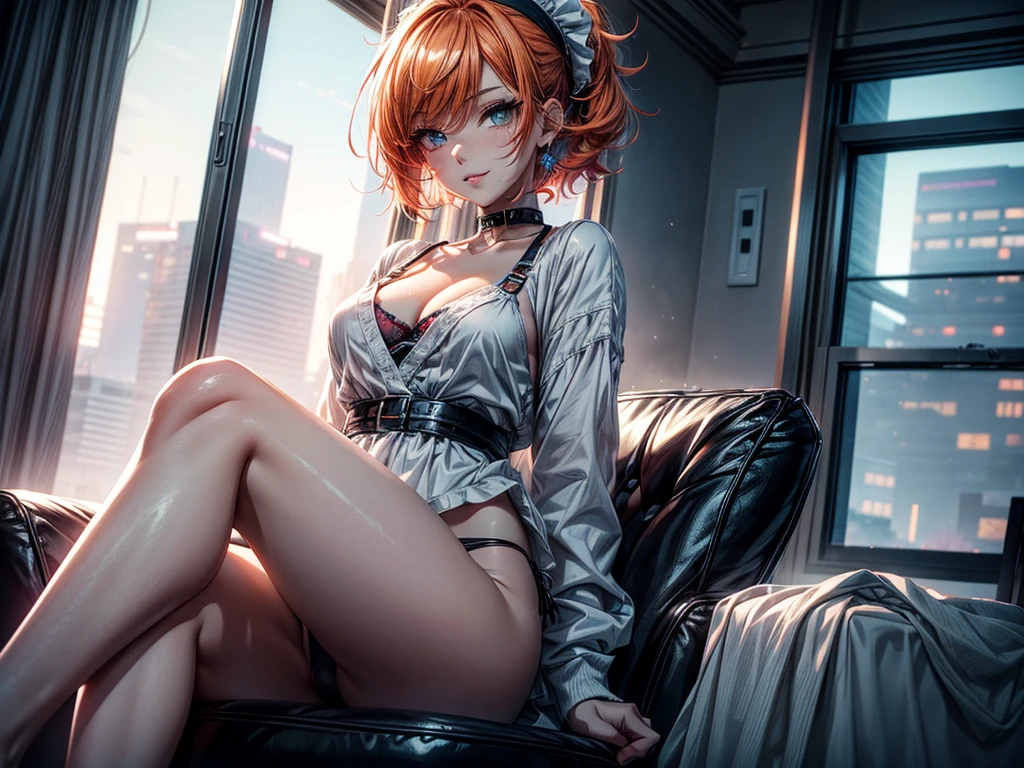 (masterpiece)(8k)(cute)(facial close-up) a 18-year old girl, white apron, sitting on chair, leg hanging over armchair, orange hair, short hair,  wild messy hair, flat chest, white bandana, choker necklace, (visible panties:1.3), e-girl, gamer, punk, lime green pupils, seductive smile, horny, (semen:1.3), (glossy lips:1.2), shiny lips, eyeshadow, night, modern architecture, rossdraws pastel, digital wallpaper art, anime 8k style, blurry background