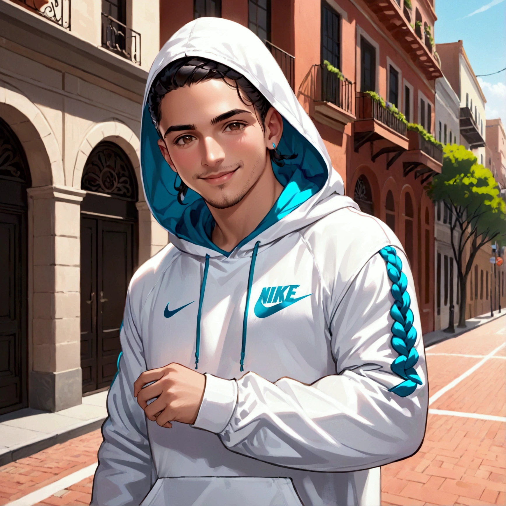 Happy white Hispanic male with hood on and braids wearing nike