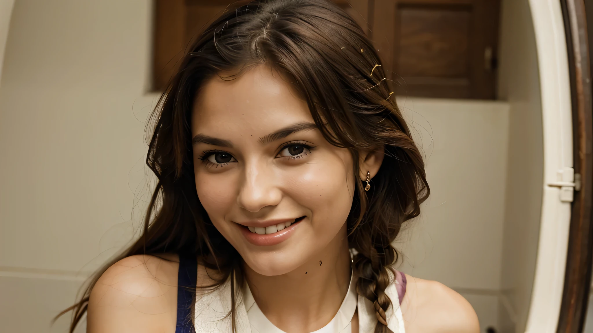 pretty woman, tied hair, smiling