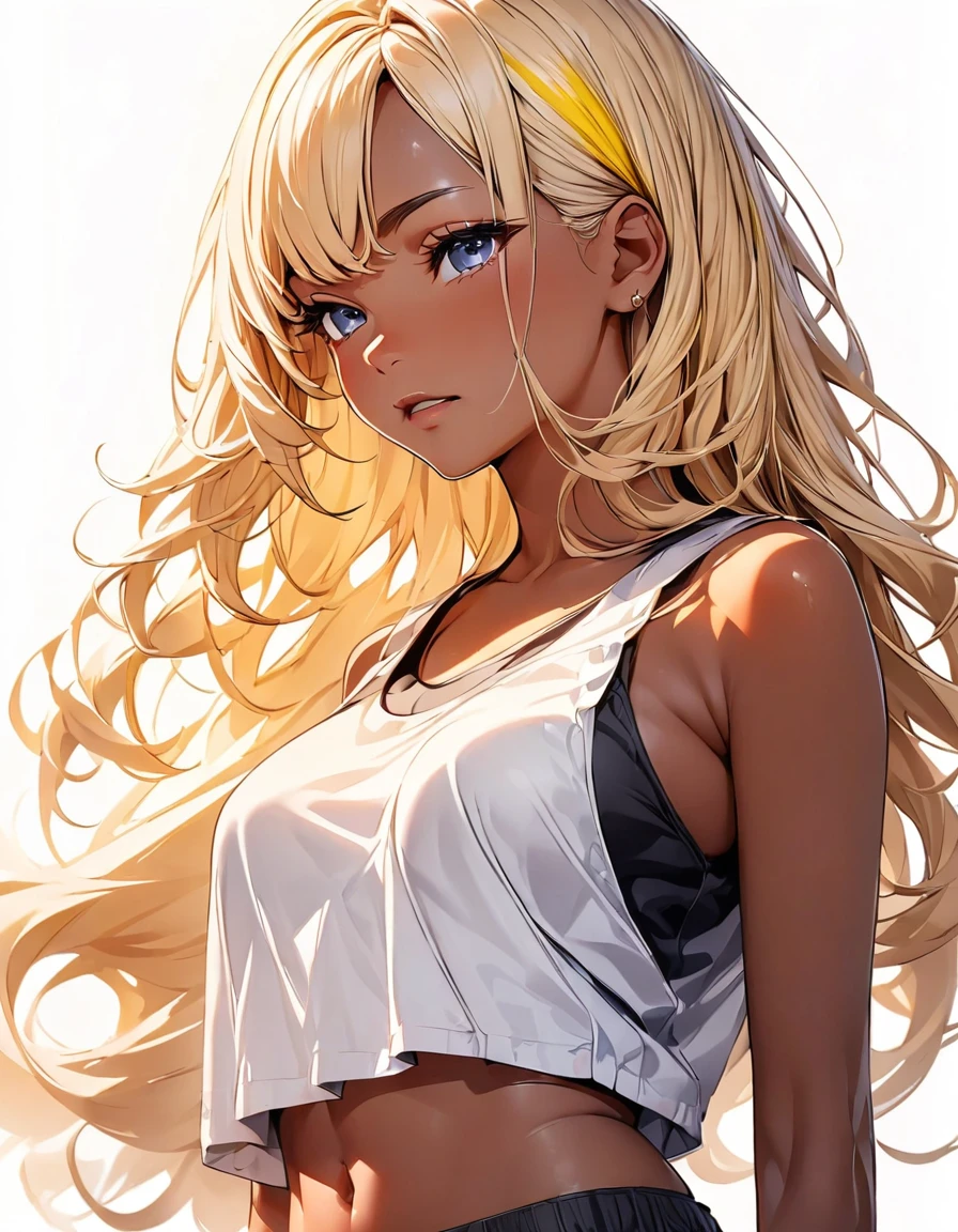(highest quality:1.2, Very detailed, up to date, Vibrant, Ultra-high resolution, High Contrast, masterpiece:1.2, highest quality, Best aesthetics), Portraiture、girl、slim, Bright colors、Beautiful fine details、Beautiful lip detail、long hair, ((wavy hair:0.3))、messy hair, blonde and blue ((streaked hair:1.3)), highlights hair: 1.3, (medium breast:1), (tan skin:1.3), (black tank top:1), crop top navel, short pants, standing, (from front:1), (upper body:0.9), (No background:1.5), ((Plain white background:1.6)),