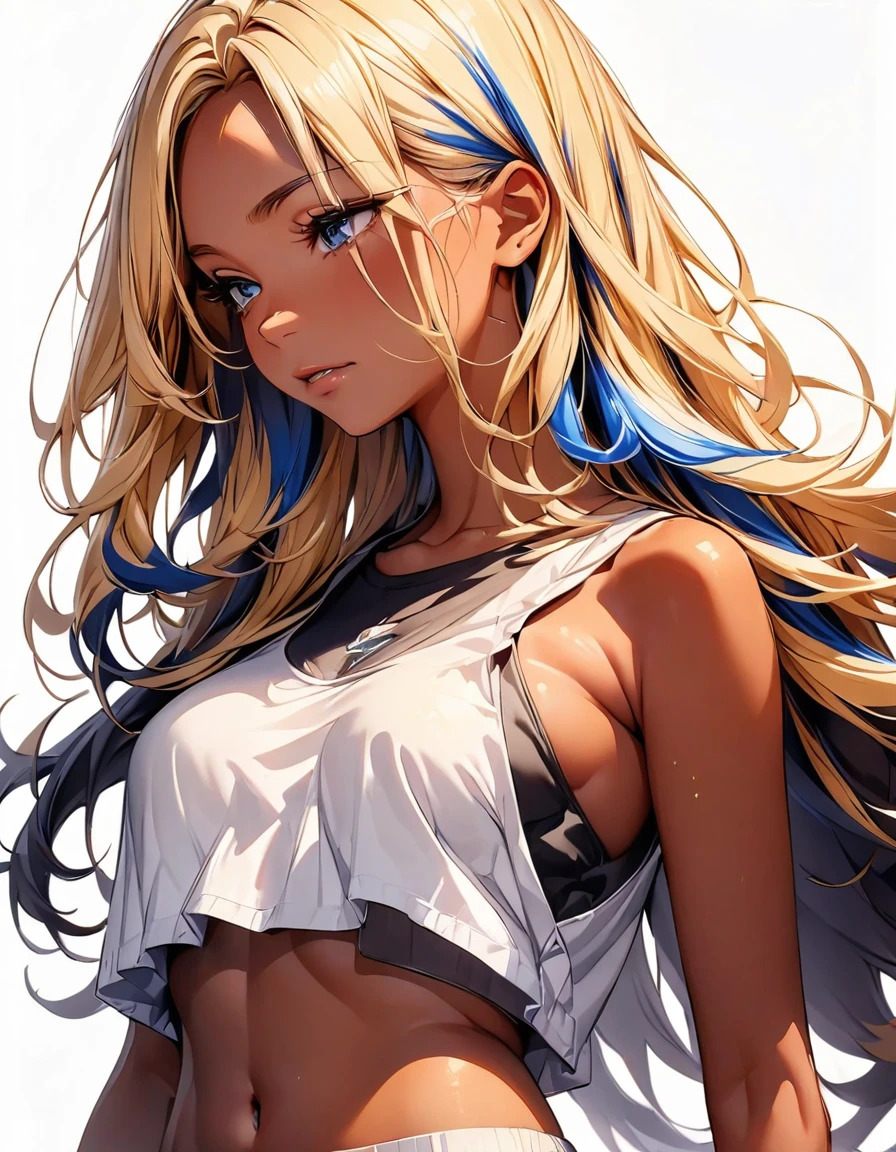 (highest quality:1.2, Very detailed, up to date, Vibrant, Ultra-high resolution, High Contrast, masterpiece:1.2, highest quality, Best aesthetics), Portraiture、girl、slim, Bright colors、Beautiful fine details、Beautiful lip detail、long hair, ((wavy hair:0.3))、messy hair, blonde and blue ((streaked hair:1.3)), highlights hair: 1.3, (medium breast:1), (tan skin:1.3), (black tank top:1), crop top navel, short pants, standing, (from front:1), (upper body:0.9), (No background:1.5), ((Plain white background:1.6)),