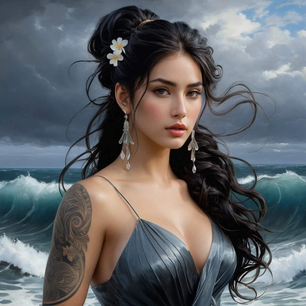 Painting by Boldini of a pretty Women - God Poseidon with a long black ponytail hair, (((looking at the camera )))with romantic eyes a hyperrealistic painting inspired by Hendrick Terbrugghen, in style of old painting, serge marshennikov, sensual (((standing in the sea,))) (((storm waves))), (((with a trident in hand))), sexy sensual, (((aquawoman aesthetic))), muscular body (((Hawaiian tattooed, tattooed woman))) atmospheric perspective, 8k, super detail, best quality