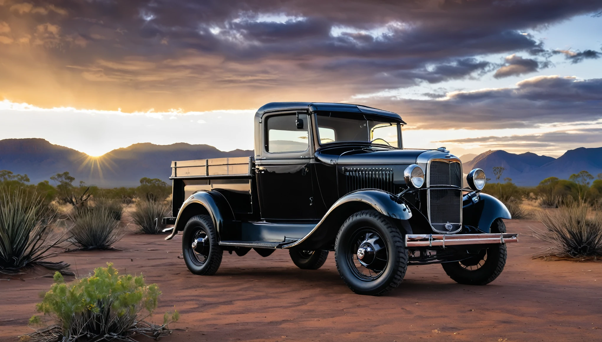 A beauty exposition type Black refletive Ford pick up 1932 in a wonderful scenary of an australian desert, mountains in the back with clouds and the sun down in the sky