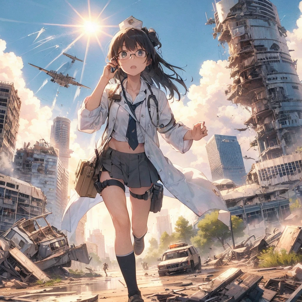 1girl, 16 years old, nice hands, two legs, five fingers, full body, bigger than buildings, suit, white shirt, destroyed buildings, GTScity, as a giantess, bright pupils, smile, naughty face, 16k, high quality, high details, anatomically correct, textured skin