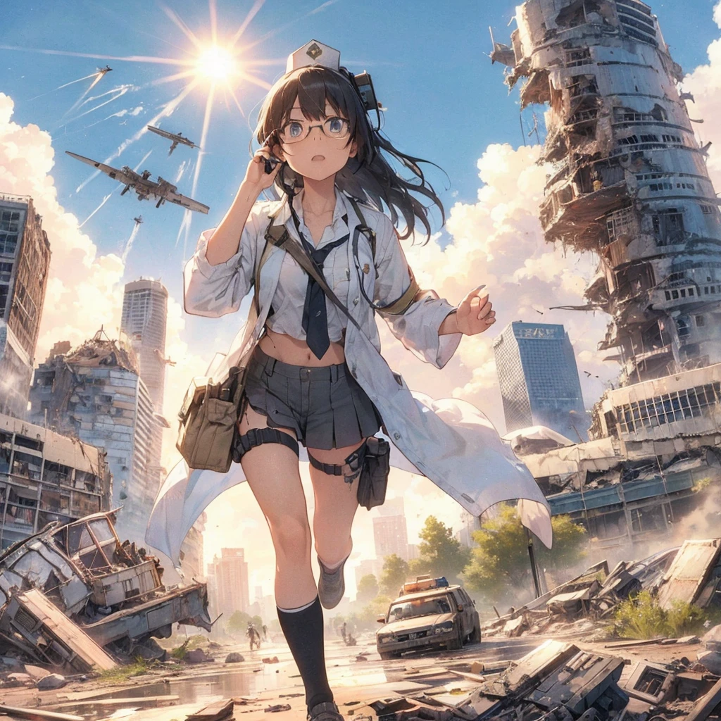 a group of young female military medics wearing glasses, (glasses:1.2), running through a post-apocalyptic ruined city with fallen skyscrapers and a crashed spacecraft under a hot summer sun, highly detailed, masterpiece, cinematic, epic, dramatic lighting, photorealistic, 8k, hyperrealistic