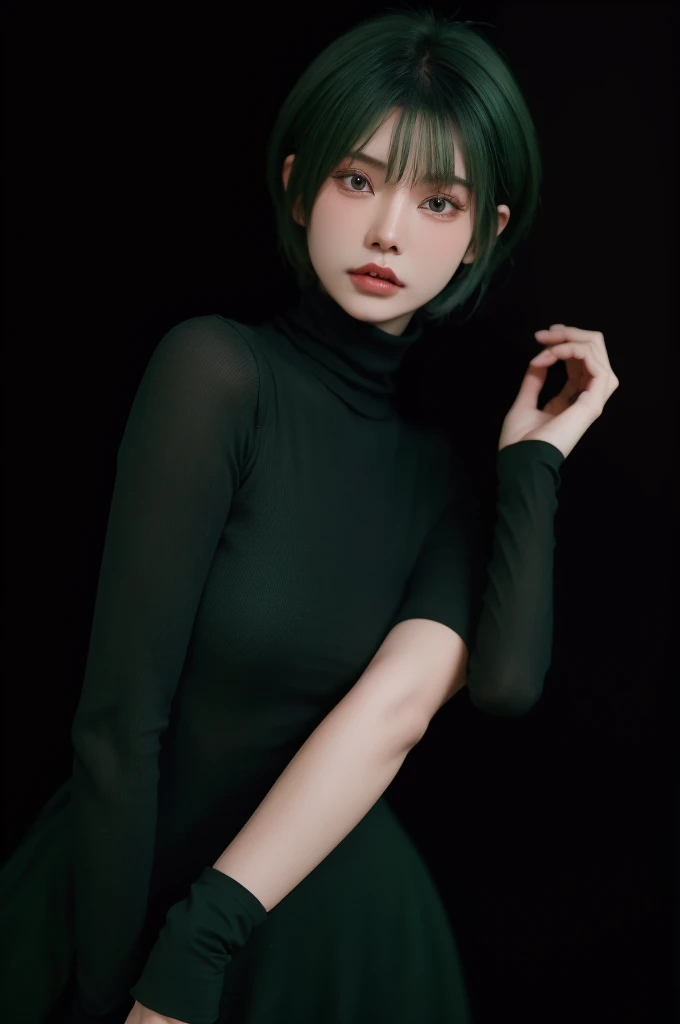 HDR, UHD,8K, nokiapretty,Turtleneck, (((black background 8k))), short hair, greenhair,