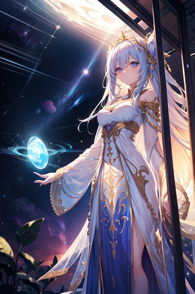 goddess in the sky, divine light, fantasy, standing, adult, Mysterious, space