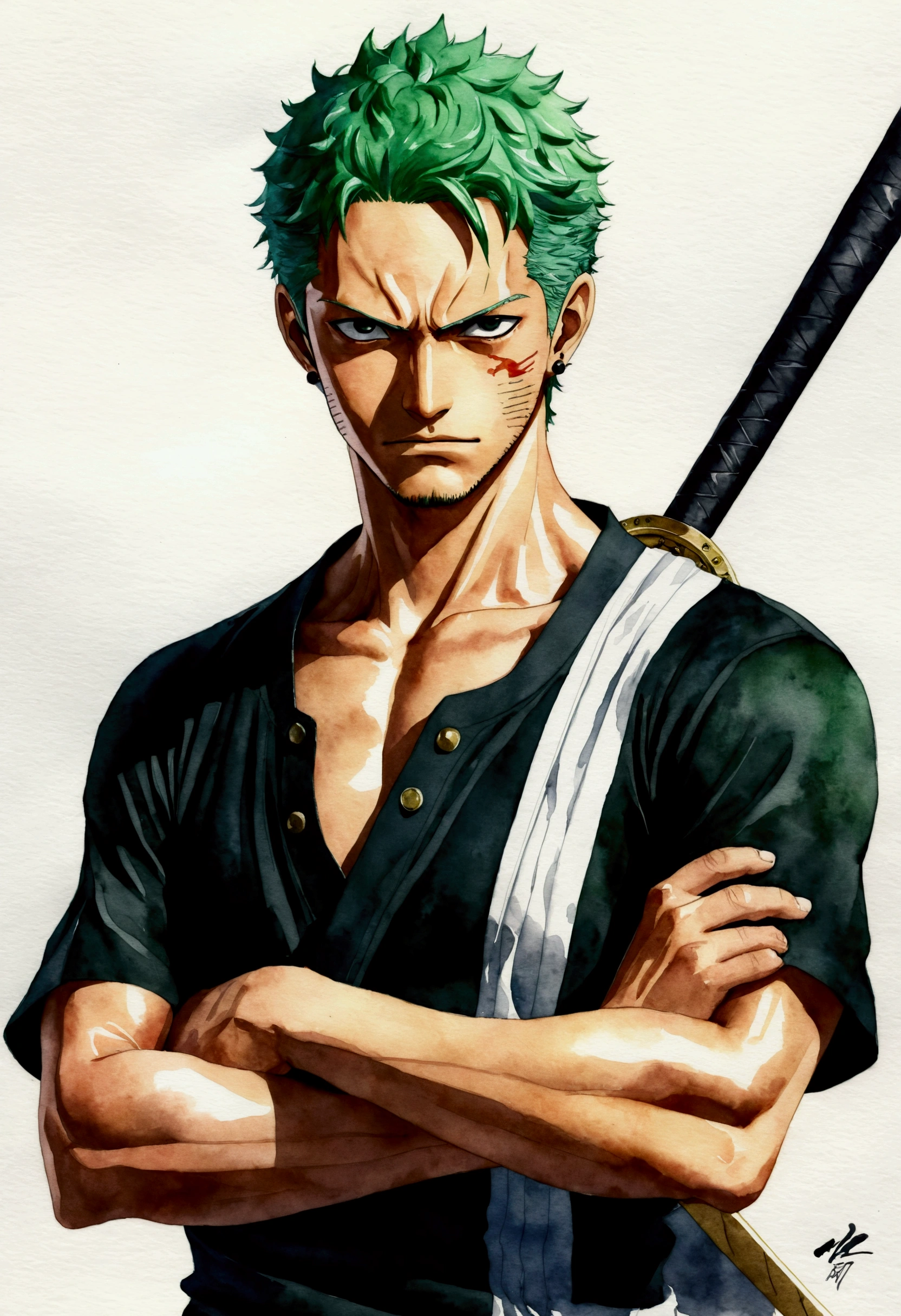 One Piece Zoro's creation、Watercolor、An illustration、Green Hair、、shirt、precise face features、black eye、Sporty clothes、High resolution