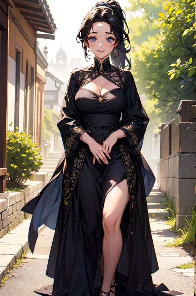 (((beautiful))), (((dress, PRİNCESS))), ((Black Hair, ponytail)), One Woman, Large Breasts,, Cleavage, Glowing Skin, (((Intricate details))), High resolution, ((Intricate details, Ultra-detailed)), whole body, Are standing, (looking at viewer, look at viewer), Red cheeks, smile, garden, Walking the Streets