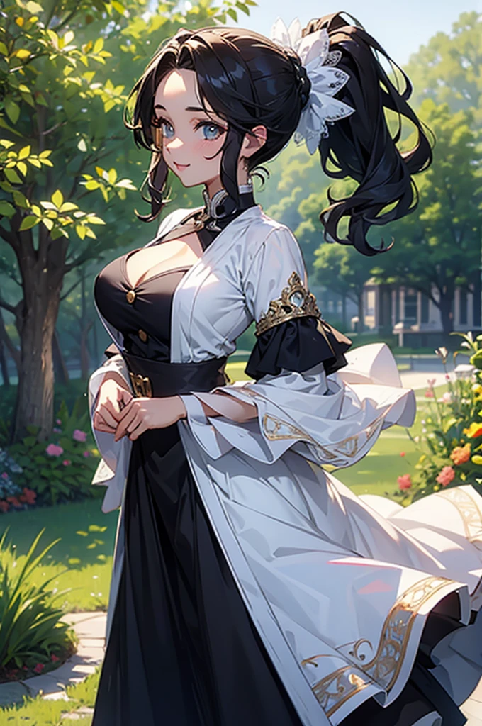 (((beautiful))), (((dress, PRİNCESS))), ((Black Hair, ponytail)), One Woman, Large Breasts,, Cleavage, Glowing Skin, (((Intricate details))), High resolution, ((Intricate details, Ultra-detailed)), whole body, Are standing, (looking at viewer, look at viewer), Red cheeks, smile, garden, Walking the Streets